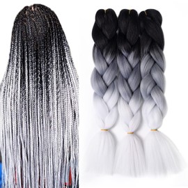 Black and White Braiding Hair Pre stretched Extensions Ombre Braiding Hair 24inch 3Pcs Jumbo Hair Synthetic Extensions # Black-grey-white