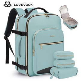LOVEVOOK Fall Travel Backpack for Women & Men as Personal Item Flight Approved, Large Capacity Carry on Backpack for Airplanes with 3 Packing Cubes and Laptop Compartment, Waterproof WeekenderBag for Hiking, Overnight:_Mint Green_40L