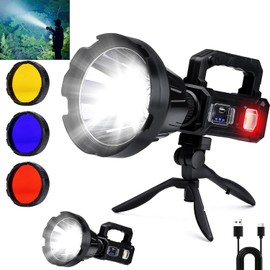 Peascat Rechargeable Spotlight Flashlight Handheld 3,000,000L, 6 Modes Super Bright Led Spot Light Outdoor Solar Power with Adjustable Tripod, Cob Light, 3 Lenses, USB C, Waterproof for Boat, Fishing