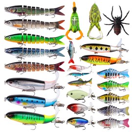 25pcs Fishing Lures Kit for Bass Pike Panfish Walleye Trout Including Multi Jointed Swimbaits Soft Duck Spider Frogs Soft Fish and with Floating Rotating Propeller Tail Tractor Topwater Lures