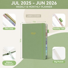 Getink Linen Cover 2025-2026 Planner Weekly & Monthly Daily Agenda Book,2025-2026 To Do List Notebook with Colorful Monthly Tabs, Inner Pocket, Elastic Closure (Green,7.3 * 10)