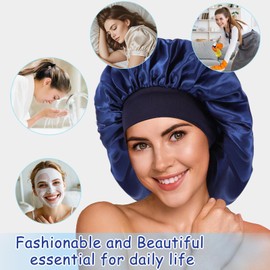Silk Bonnet Satin Bonnet for Sleeping Women, Large Double Layer Hair Satin Bonnets with Elastic Band, Sleep Bonnets for Women Wide Soft Band Sleep Cap Curly Natural Hair (Navy Blue)