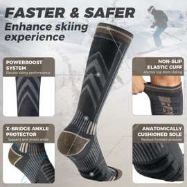 Rahhint 2 Pairs Merino Wool Ski Socks for Men,Compression Snowboard Socks,Knee High Thick Thermal Socks for Cold Weather，Breathable Quick Dry,Anti wear & Non slip,Size 3-15