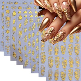 8Pcs Gold Nail Art Stickers Metallic Flower Leaf Nails Decals 3D Self Adhesive Golden Floral Leaf Nails Designs Accessories Retro Flower Leaves French Nail Supplies for Women DIY Manicure Decoration