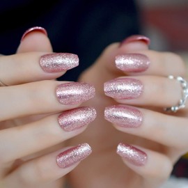 CoolNail Shiny Rose Gold Fake False Nails Coffin Ballerina Nail Tips Shining Sugar Glitter Deco Summer Salon Press on Nail Art Tip