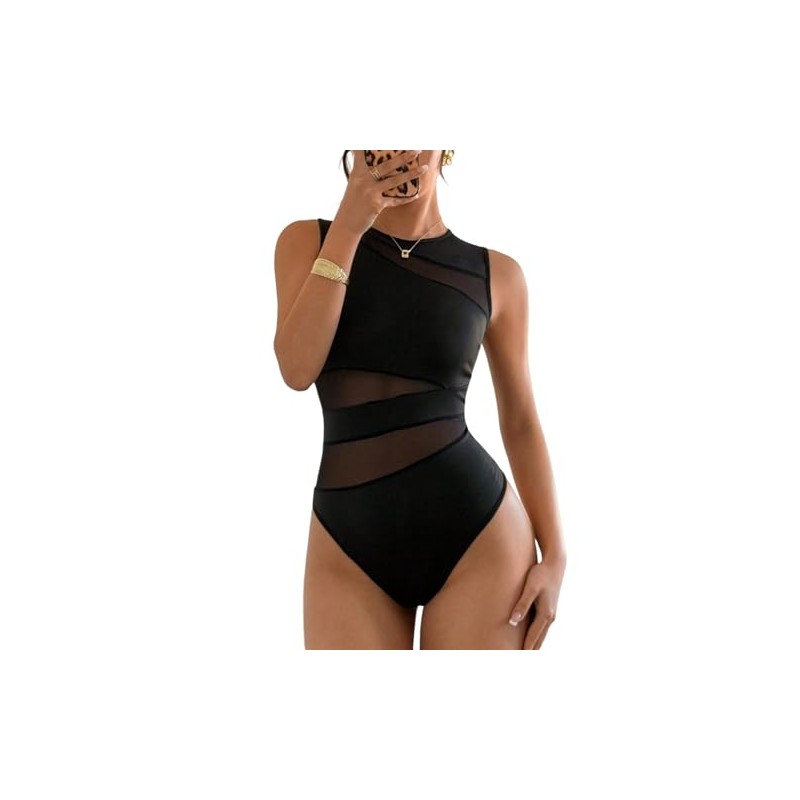 GORGLITTER Women's Bodysuit Sleeveless Body Transparent Bodysuits Round Collar Bodysuits