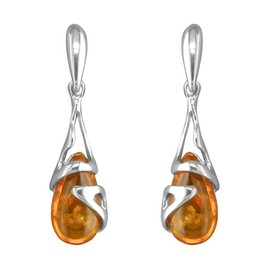 Fancy Cradled Teardrop Baltic Honey Amber Sterling Silver Dangly/Drop Earrings for Women/Girls - Unusual Art Deco Stud Earrings - Amber Jewellery. 080415
