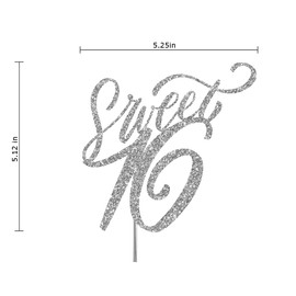 Sweet 16 - Decoración para tartas con purpurina, dieciséis ideas de decoración de fiesta de cumpleaños, decoración de calidad premium, purpurina resistente de doble cara, palo de acrílico. Fabricado en Estados Unidos (plata)