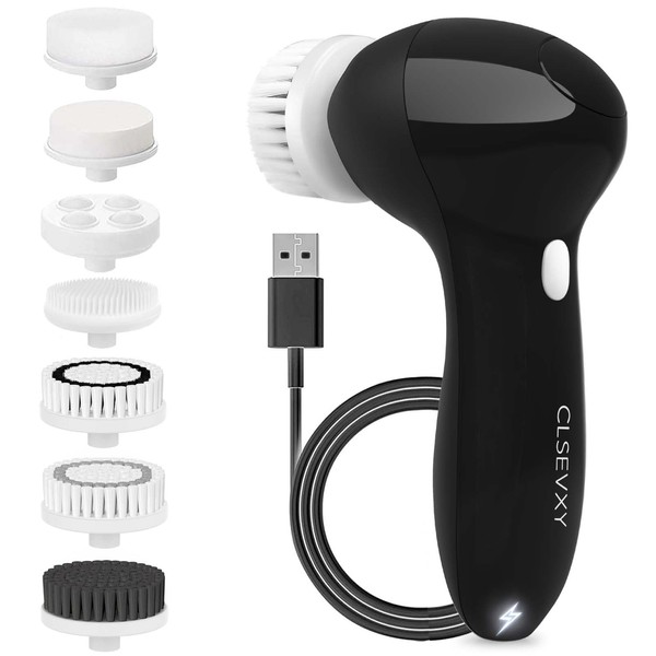 Facial Cleansing Brush Face Scrubber: USB Rechargeable IPX7 Waterproof Electric Spin Cleanser Brush for Women & Men with 7 Brush Heads, Face Brushes for Cleansing and Exfoliating, Massaging(Black)