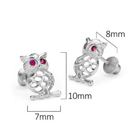 925 Sterling Silver Rhodium Plated Owl Cubic Zirconia Screwback Baby Girls Earrings