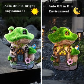 Topadorn Resin Fairy House Solar Powered Lights Statues for Outdoor Figurine Lights Whimsical Garden House with Solar Lights