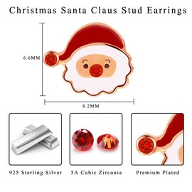 Kamise Christmas Silver Stud Earrings for Women, 925 Sterling Silver Santa Claus Stud Earrings with Cubic Zirconia, 8mm Xmas Rose Gold Cartilage Small Sleeper Earring Gift for Christmas with Gift Box