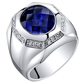 PEORA Men's Created Blue Sapphire Signet Ring 925 Sterling Silver, Large 6 Carats Oval Shape 12x10mm, Size 9, September Birthstone Ring, Sleek Men's Sapphire Jewelry, Gifts for Men w/Jewelry Box