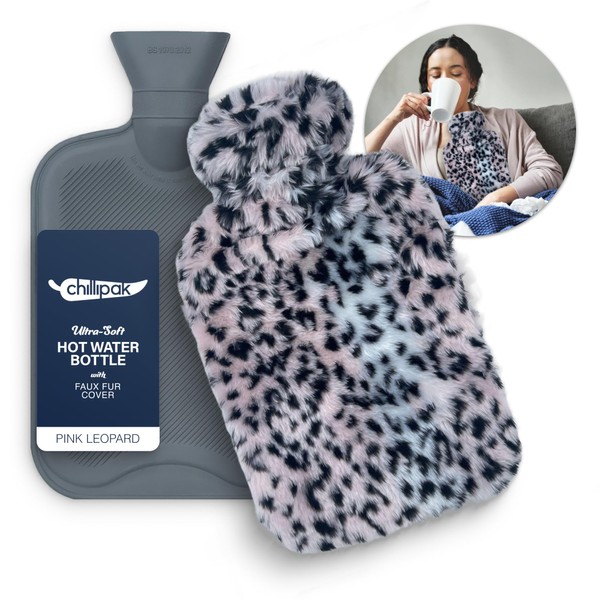 CHILLIPAK Luxury Hot Water Bottle with Cover UK - Large 2L Reusable Hot Water Bag for Pain Relief Back Neck Shoulder Belly with Cute Plush Soft Fluffy Cover - Multipurpose Hot Cold Compress