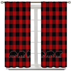 ZhiRain Plaid Bear Curtains Black Red Buffalo Plaid Rustic Bear Vintage Cabin Farmhouse Country Curtain with Rod Pocket for Bedroom Living Room Drapes Window Treatments 2 Panels Set 42" W X 45" L