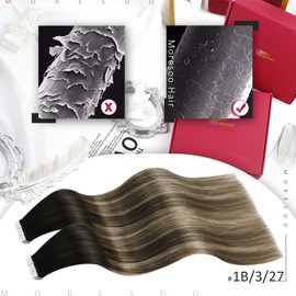 Moresoo Tape in Extensions Balayage Human Hair Extensions Tape in Ombre Off Black to Brown Mix with Blonde Tape in Hair Extensions Real Human Hair Seamless Tape in Hair 12 Inch #1B/3/27 20pcs 30g