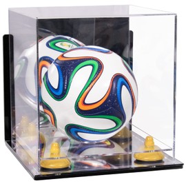 Better Display Cases Acrylic Mini - Miniature (not Full Size) Soccer Ball Display Case with Clear & Mirror Case, Yellow Risers , Wall Mount and Mirror Base (B03/A015)