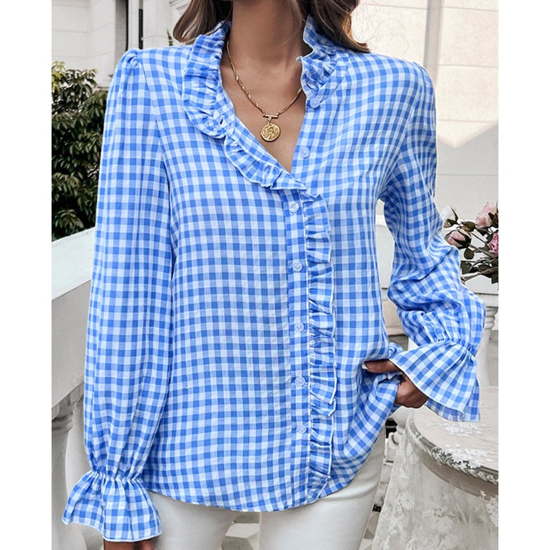 MINTLIMIT Womens Plaid Blouse Peasant Button Down Ruffle Neck Plaid