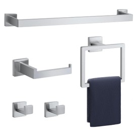Bathroom Accessory Towel Bar Set: 5 Pieces Brushed Nickel Square Bathroom Hardware SUS304 Stainless Steel - 24 Inch Wall Mounted Towel Rack&Toilet Paper Holder&Towel Ring and Towel Hook