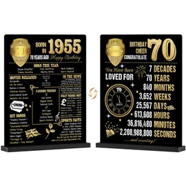 Benjia 70th Birthday Table Sign with Stand Happy 70 Years Old Birthday Signs Holder Table Display Born in 1955 UK Acrylic Poster Bday Gift Party Supply Home Decor For Men Women 20x25 cm Black Gold