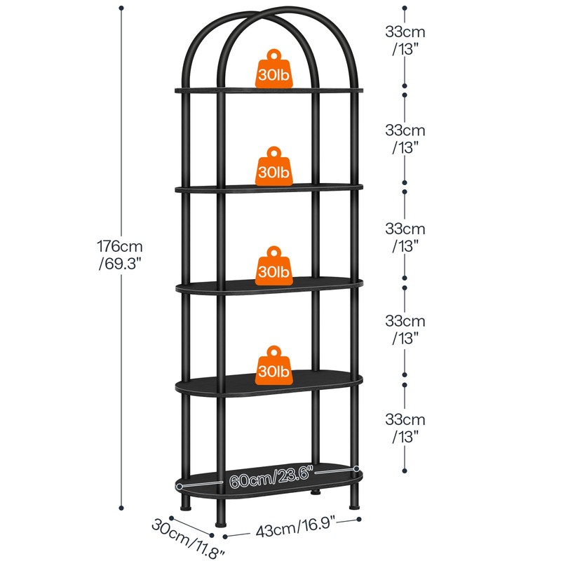 HOOBRO 5 Tier Open Bookshelf, Industrial Arched Bookcase Display Shelf