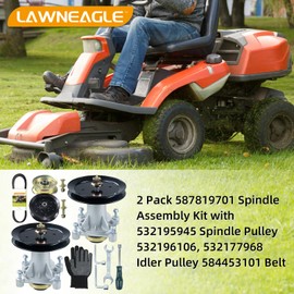 Lawneagle 2 Pack Greased 587819701 Spindle Assembly Kit with 197473 Pulley 532196106 Idler Pulley 532177968 Idler Pulley 584453101 V-Belt Replaces Husqvarna 587819701 Mandrel Assembly, 587125401