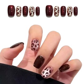 (S) Red Leopard Print Short Press On Nails, Short Square Fake Nails｜Fake Nails in 10 Sizes, Reusable Nail Kit with Nail Glue Adhesive Tabs Mini Nail File, Women Girl Gift