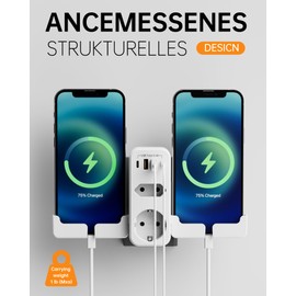 Steckdosenleiste mit 2 Steckdosen (16 A, 4000 W), mit 4 USB 2 USB C, 6 in 1 Steckdosenleiste, Französische Mehrfachsteckdose mit USB-Buchse, zwei Seiten mit abnehmbarer Telefonhalterung, kompatibel