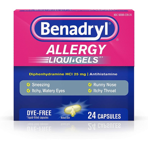 Benadryl Liqui-Gels Antihistamine Allergy Medicine & Cold Relief, Dye-Free Liquid Gels, 24 ct ( Pack of 6)