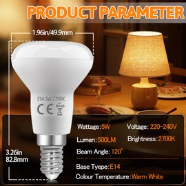 Blakapoo R50 E14 Reflector Bulb, SES Small Edison Screw LED 5W E14 Spotlight Bulb 40W Equivalent, 500LM, Warm White 2700K, 120°Beam Angle, Non-dimmable, Pack of 5