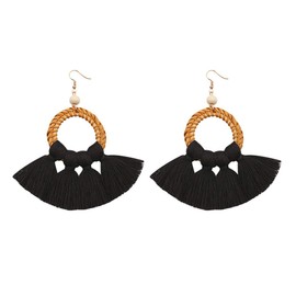 Boho Rattan Tassel Hoop Earrings Statement Fan Shaped Fringe Drop Dangle Earrings for Women Bohemia Jewelry-D black