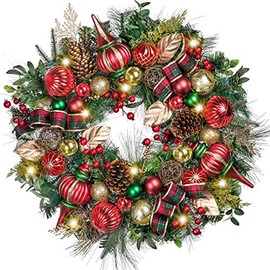 Valery Madelyn Pre-Lit 30 inch Traditional Red Green Gold Large Lighted Christmas Wreath for Front Door with Ornaments Berries, Battery Operated 40 LED Lights, Holiday Decoration Fireplace Xmas Decor