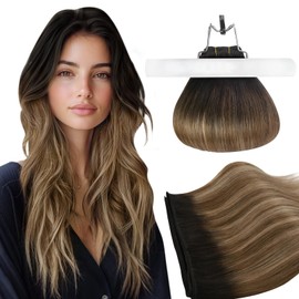 Ugeat Weft Hair Extensions Human Hair 14 inch Balayage Sew in Hair Extensions Human Hair Dark Brown to Medium Brown with Blonde Double Weft Hair Extensions Human Hair 100g