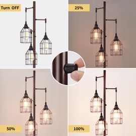 Sucolite 70" Dimmable Floor Lamp for Living Room, Industrial 3-Light Tree Floor Lamp Brown with Cages, Farmhouse Rustic Tall Standing Lamp Floor Lighting for Bedroom Office, 3 Free LED Edison Bulbs