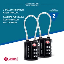 Austin House Travel Essentials Luggage Lock – 3-Dial Combination Cable Padlock with Strong Metal Housing & Steel Cable Shackle, Travel Sentry Approved & TSA Accepted – Black (2 Packs)