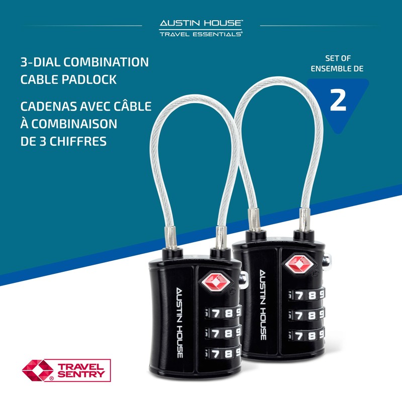 Austin House Travel Essentials Luggage Lock – 3-Dial Combination Cable