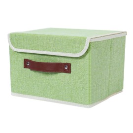Collapsible Storage Bins with Lids, Linen Fabric Storage Box with PU Leather Handles Decorative Storage Boxes Foldable Closet Organizer Container for Clothes Storage, Office Storage, Small, Green