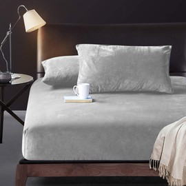 Fitted Sheet for Autumn and Winter Double Pile Sheet Bed Sheet Microfiber Flannel Warm Warm Soft Antibacterial Deodorization Mattress Cover Bed Cover (Light Gray, Double, 55.1 x 78.7 x 11.8 inches (140 x 200 x 30 cm)