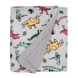 NoJo Welcome to The Universe Baby Jurassic World Grey, Green, Orange and Yellow Dinosaur Super Soft Sherpa Baby Blanket