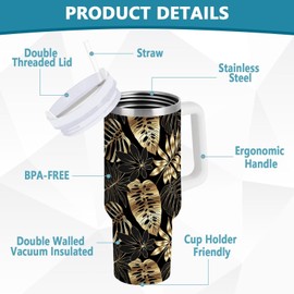 40 oz Tumbler with Straw & Handle - 2 in 1 Lids Leak Proof Tumblers - Large Insulated Stainless Steel Cup - BPA-Free Water Bottle Travel Metal Mug for Women Man,Black Gold Monstera Tropical Leaves