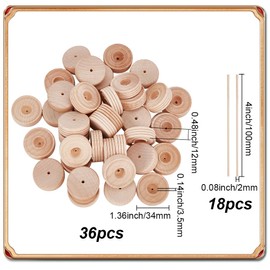 DELORIGIN 36 Pack Wood Craft Wheels with 18Pcs Wood Sticks, Slab Mini Wooden Wheels with 0.14 inch Holes, Unfinished Wood Wheels for Crafts DIY Cars Painting Colors Wood Working Pegboards
