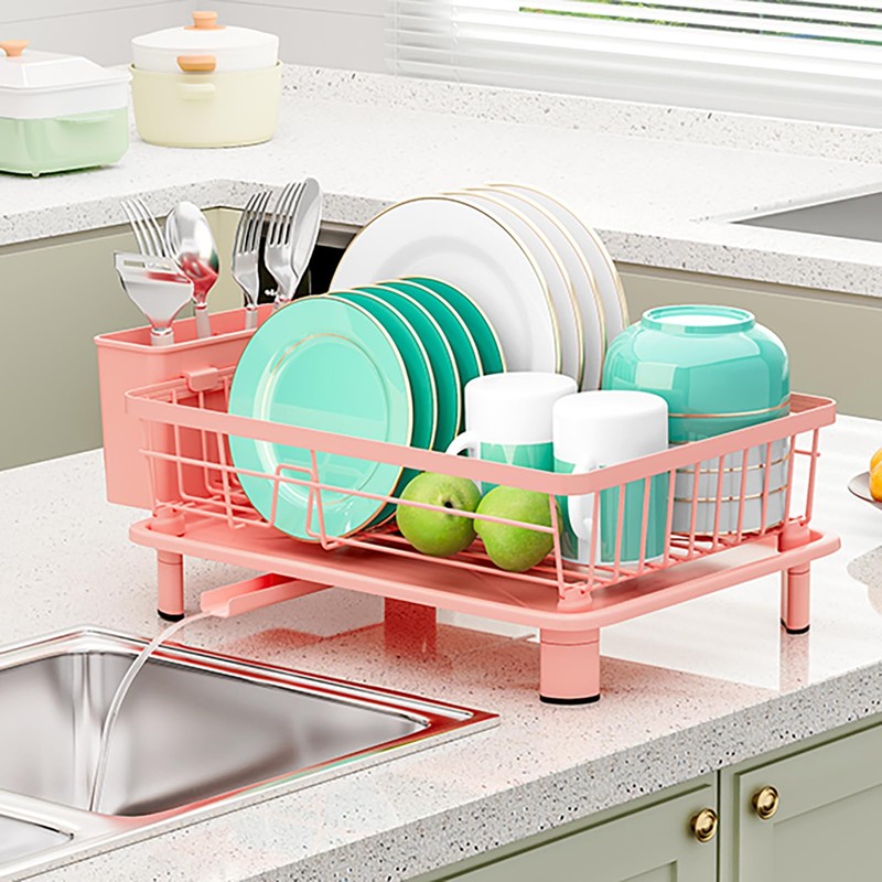 YOFUGA Cute Pink Dish Drying Rack with Drainboard,Dish Racks for