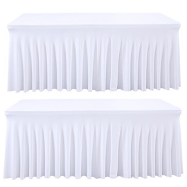 PARTISKY White 2 Pack Spandex Table Skirts Table Covers for Rectangle Tables 6ft, White Stretchable Folding Table Cloth for Weddings, Birthday Parties, Banquet, Baby Shower