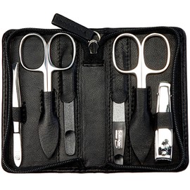 Sonnenschein by Hans Kniebes Manicure Set 6 Pieces Nail Scissors, Cuticle Scissors, Nail Clippers, Nail File, Tweezers, Double Instrument, Nail Care Set Nappa Lambskin Manicure Case
