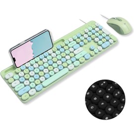 X9 Wired Retro Keyboard and Mouse Combo - Backlit Typewriter Keyboard with Round Keycaps, 109 Silent Keys Fullsize Cute Keyboard with Phone/Tablet Dock, Aesthetic and Pastel Colorful Keyboard - Green