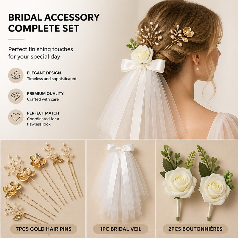 Bridal Accessories Combo - Pearl Hair Pins - Satin Bow