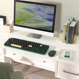 Wireless Computer Keyboards Mouse Combos, COVEVA Colorful Typewriter Retro Keyboard with Round Keycaps, USB Keyboard and Mouse Set 2.4GHz Full-Size Wireless Keyboard and Optical Mouse（Dark Green）