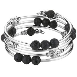 PEARL&CLUB Beaded Chakra Bangle Turquoise Bracelet - Fashion Jewelry Wrap Bracelet with Thick Silver Metal and Mala Beads, Birthday Gifts For Women, 9 inch, Metal, Agate