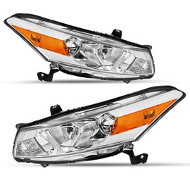 SOCKIR Headlight Assembly Pair for 2008-2012 Honda Accord 2-Door Coupe Projector Headlamp (Chrome Housing with Amber Reflector)
