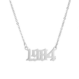 SKQIR Birth Years Number Necklace,Initial Year Pendant Necklace Gold Plated Birthday Gift Charm Friendship Old English Arabic Mumerals Stainless Steel Necklace Jewelry for Women Girl（Silver,1984）